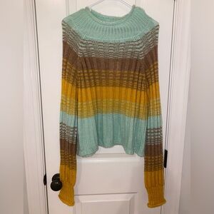 Mint and Yellow Striped Women's Turtleneck Sweater